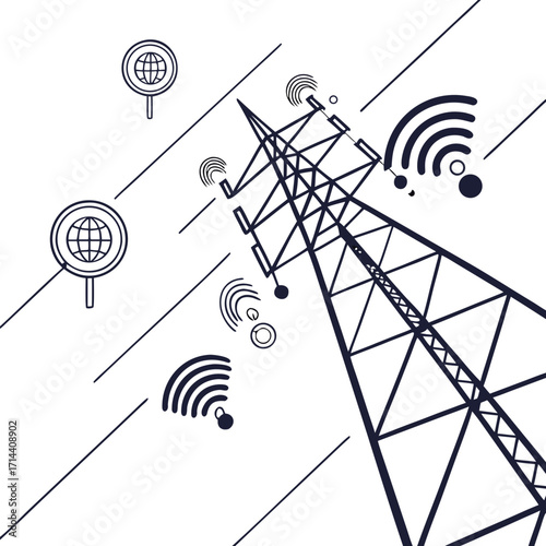 Conceptual illustration of a telecommunications tower broadcasting wireless signals and global network connectivity represented by magnifying glasses with globes