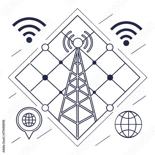 Abstract illustration of a communication tower and network grid with wifi signals and globe icons representing global connectivity and technology