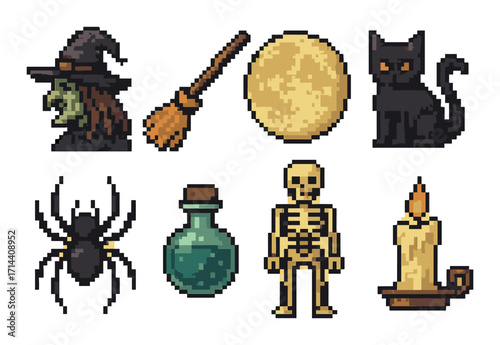 Halloween pixel icon set. featuring witch, broom, moon, cat, spider, potion, skeleton, and candle