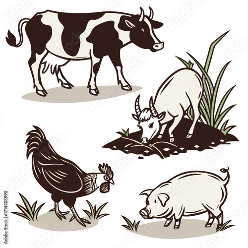 Charming farm animal illustrations featuring a cow goat chicken and pig in a whimsical and rustic style