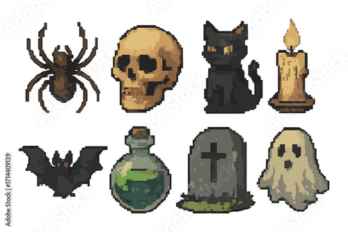 Halloween pixel icon set. featuring skull, spider, cat, candle, bat, potion, grave, ghost symbols