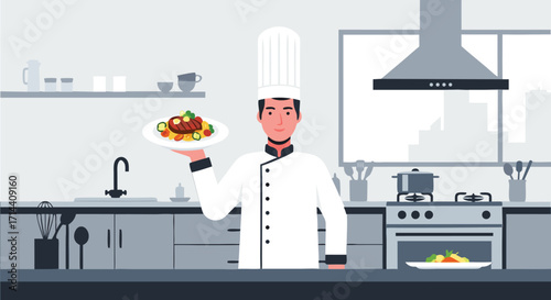 Professional Chef Presenting Delicious Dish in Modern Restaurant Kitchen Setting
