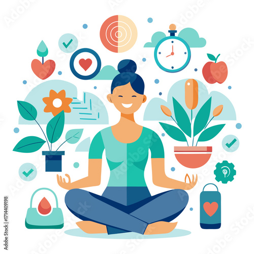 A woman is meditating in a lotus position surrounded by plants, timer, apple, and other wellness icons she is practicing mindfulness and selfcare