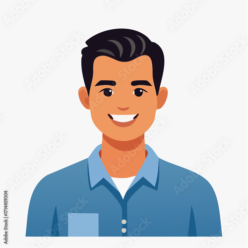 Portrait of a smiling young man in a blue collared shirt. Vector illustration of a friendly male character avatar for a business or social media profile