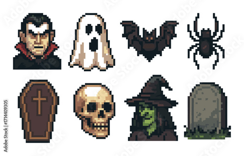 Halloween pixel icon set. featuring vampire, ghost, bat, spider, coffin, skull, witch, and tombstone