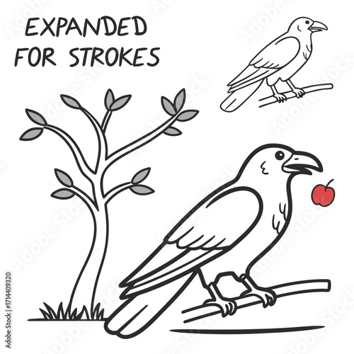 A stylized black and white illustration of a crow perched on a branch holding a red apple in its beak next to a simple tree