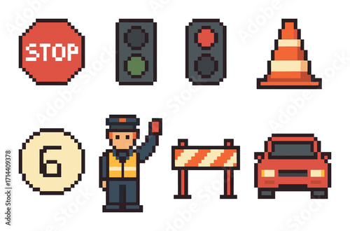 Traffic elements pixel art icon set. featuring stop sign, traffic light, cone, speed limit, officer, barrier, car