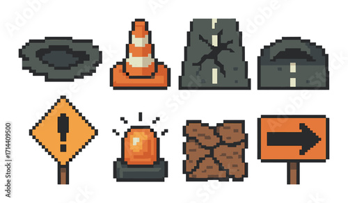 Traffic safety pixel icon set. featuring cone, road, barrier, pothole, tunnel, light, and sign symbols