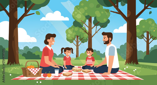 Family Enjoying Picnic on Blanket in Sunny Park with Trees