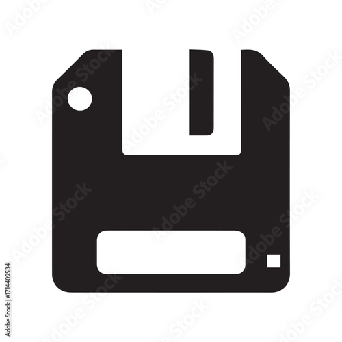 Black Floppy Disk Icon on White Background, Retro Data Storage