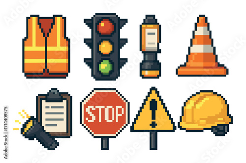 Construction and safety pixel icon set. featuring vest, traffic light, cone, clipboard, stop sign, warning sign, hard hat