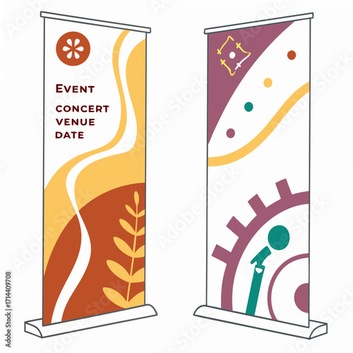 Two vibrant rollup banners, each showcasing unique event designs with abstract shapes, bold typography, and eyecatching color schemes for effective advertising