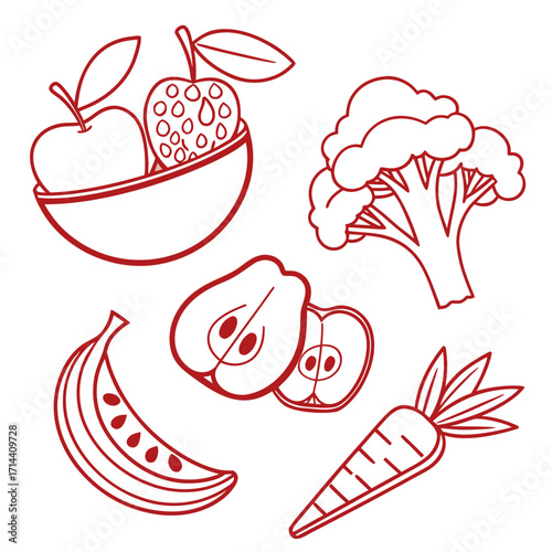 A vibrant collection of healthy food icons featuring a bowl of apples a bunch of broccoli a banana sliced pears and a carrot in a simple line art style
