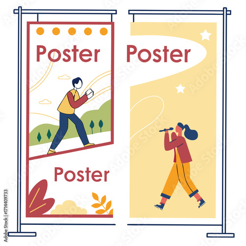 Two eyecatching poster stands, each featuring a unique design with vibrant colors, bold typography, and engaging illustrations to capture attention