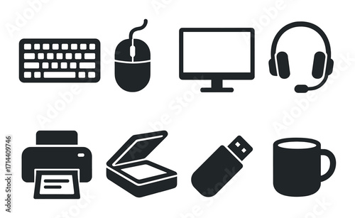 Office equipment silhouette icon set. featuring keyboard, mouse, monitor, headset, printer, scanner, usb drive, mug