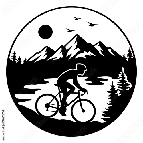 Cyclist riding through mountains with a river and pine trees, nature svg, outdoor adventure svg, cycling svg, bicycle svg