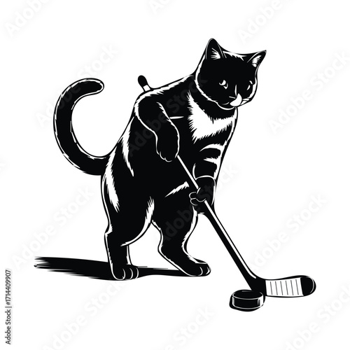 Black cat playing hockey with stick and puck silhouette