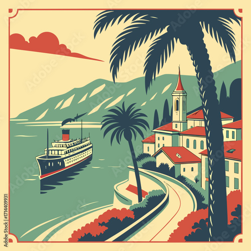 Vintage travel poster of a cruise ship sailing along the coast of a mediterranean town with palm trees and mountains in the background, reminiscent of classic travel ads