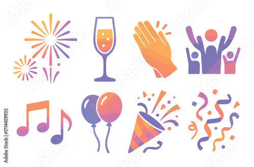 Celebration neon flat icon set. fireworks, champagne, applause, cheers, music, balloons, party popper, confetti