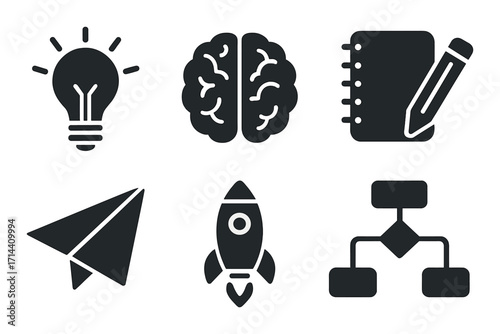 Education and innovation silhouette icon set. featuring light bulb, brain, notebook, pencil, paper plane, and rocket