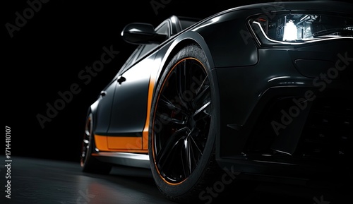 Sleek, dark car, low-angle view.  Orange accents highlight sporty design