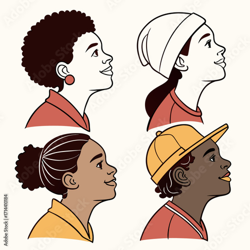 Diverse group of four young people in profile view showcasing different hairstyles clothing and skin tones with a modern clean illustration style