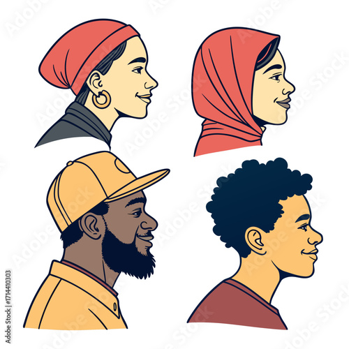 Diverse group of four people shown in profile view with smiling faces wearing headscarves and a baseball cap representing different cultures and ethnicities