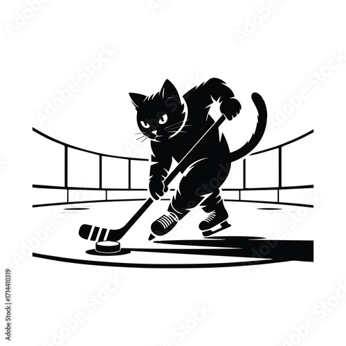 Playful black cat silhouette playing hockey on an ice rink