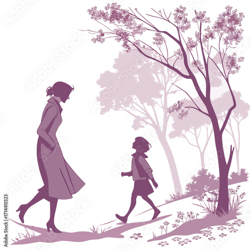 A mother and daughter walking in a park a silhouette of a woman and child enjoying a stroll through a blossoming park, surrounded by trees and flowers