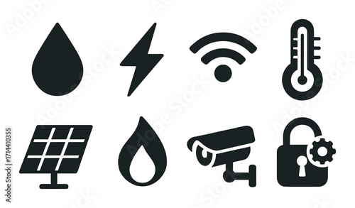 Technology and energy silhouette icon set. featuring water drop, lightning bolt, wi-fi, thermometer, solar panel, camera, lock
