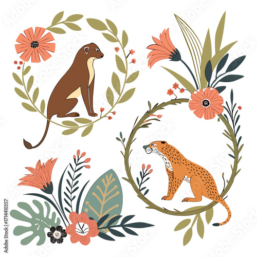 Illustration featuring a weasel and a leopard surrounded by flowers and leaves, creating a whimsical and natureinspired composition with vibrant colors