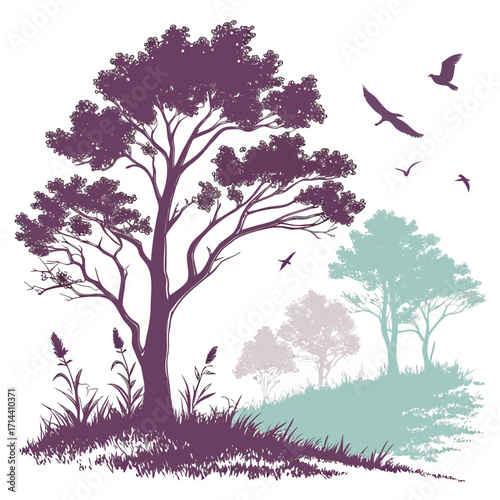 Silhouette illustration featuring a group of trees and birds in flight, creating a serene and natureinspired scene with a calming atmosphere
