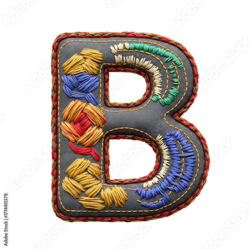 Embroidered Letter B with Colorful Stitches and Fringes png clear alpha channel cutout isolated on transparent background