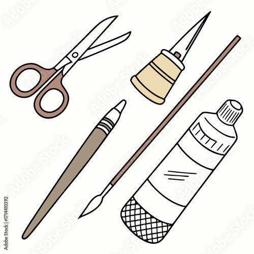 A collection of art supplies including scissors a paint brush a tube of paint a pointed applicator and a thin rod on a white background