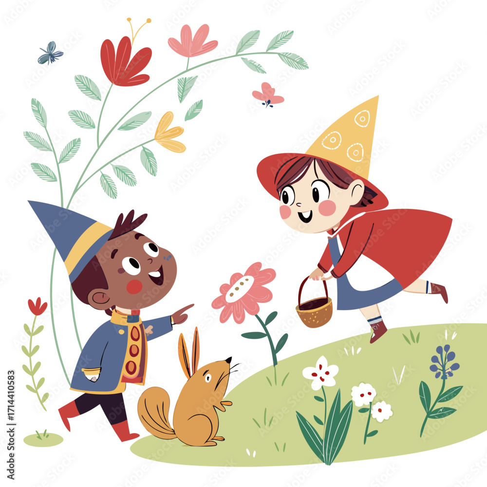 Naklejka premium Hansel and gretel in the forest with a rabbit, surrounded by flowers and plants, a whimsical illustration