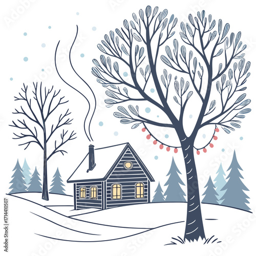A picturesque winter landscape with a cozy cabin nestled among snowcovered trees, creating a serene and inviting scene