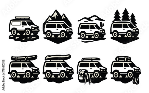 Outdoor adventure silhouette icon set. featuring van, mountains, trees, desert, canoe, backpack, campfire