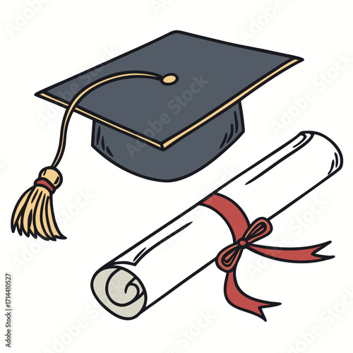 A graduation cap and diploma, symbolizing academic achievement and success, a classic representation of educational milestones