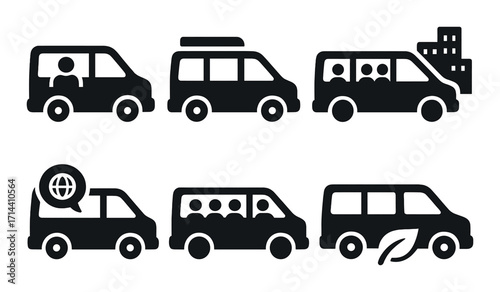 Vehicles silhouette icon set. featuring bus, van, minivan, commuter, shuttle, travel, and eco symbols