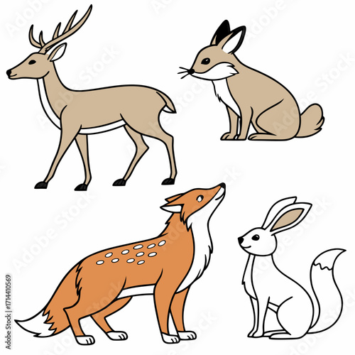 A charming collection of cartoon forest animals including a deer a fox and two rabbits in a simple clean illustration style against a white background