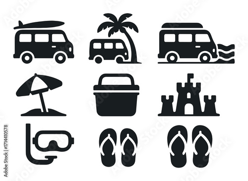 Travel and beach silhouette icon set. featuring van, palm tree, umbrella, cooler, sandcastle, snorkel, and flip-flops
