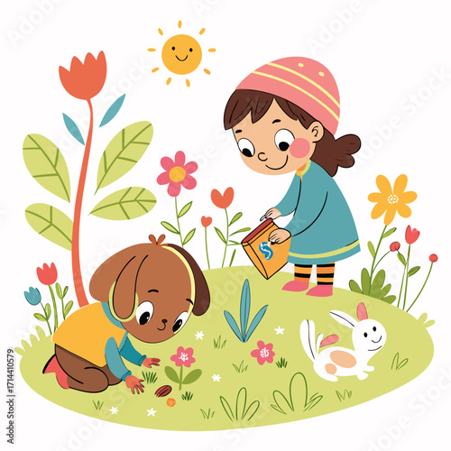 A girl planting flowers with her dog and a rabbit in a garden under the sun, a cheerful and colorful illustration