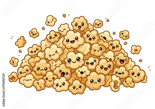 Cartoon Pile of Popcorn with Cute Facial Expressions.
