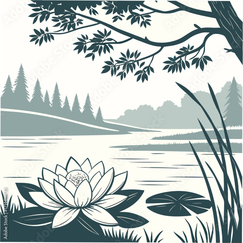 Serene lakeside landscape with a blooming water lily and silhouetted trees under a branching tree canopy