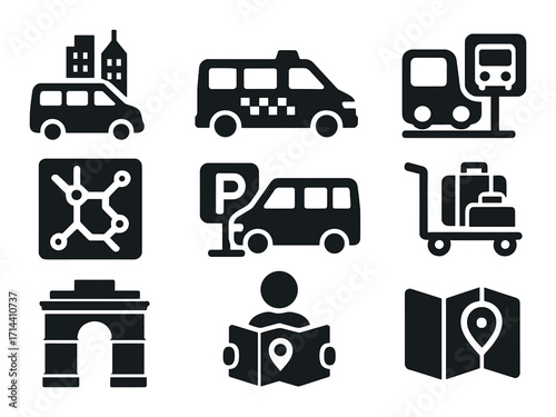 Travel and transportation silhouette icon set. featuring car, van, bus, subway, map, network, luggage, monument, tourist