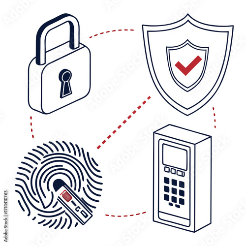 Conceptual illustration of multi factor authentication and security systems including a fingerprint scan access card keypad and a locked shield icon