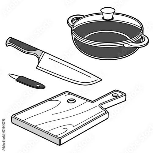 A collection of essential kitchen tools including a chef s knife paring knife cutting board and a lidded cooking pot are arranged for a clean illustration