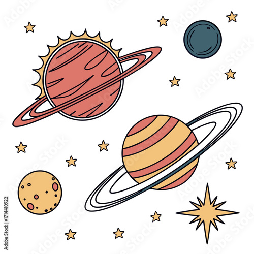 Cartoon planets and stars a vibrant illustration of the solar system with planets, rings, and twinkling stars, perfect for educational or decorative use