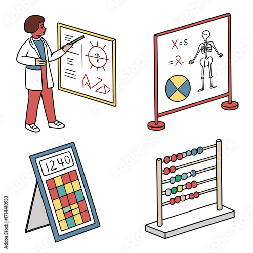 Classroom objects and teacher a collection of educational tools and a teacher, perfect for illustrating learning environments and teaching concepts