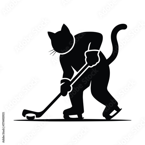 Playful cat silhouette playing ice hockey with stick and skates